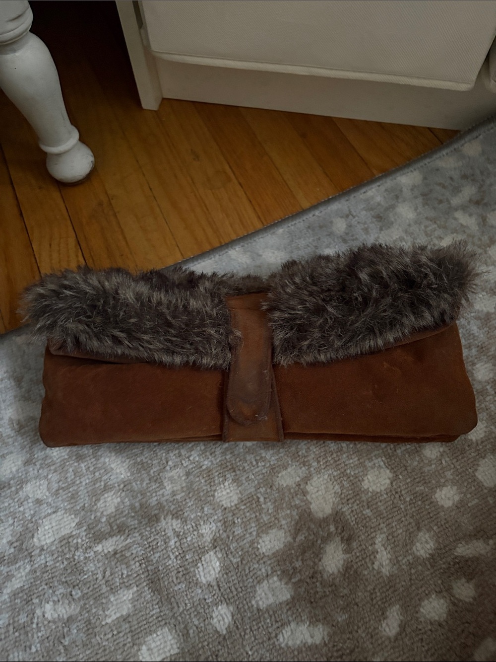 Brown Suede Clutch with Faux Fur Trim